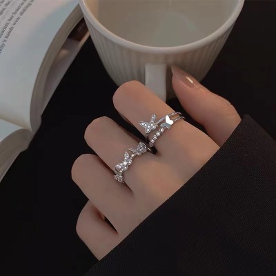 Japanese and Korean Diamond Butterfly Double-Layer Personalized Ring Women's Simple Versatile Opening Ring Ins Style Trendy Bracelet