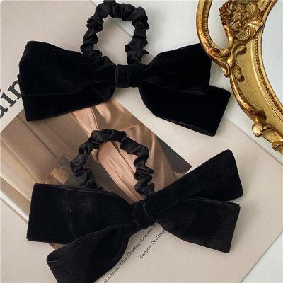 Elegant Classic Style Large Butterfly Bowknot Hair Ring Textured Fabric Pleated Hair Rope Black Rubber Band Korean Style