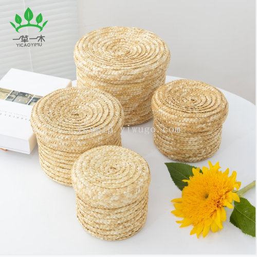 foreign trade straw handmade straw woven storage basket gift snack storage box desktop sundries with lid round storage basket