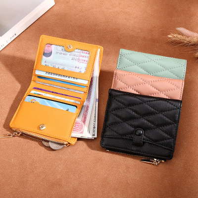 Korean Style Stylish and Versatile Folding ID Card Holder Wallet Zipper Coin Purse Short Sheepskin Wallet Genuine Leather Women