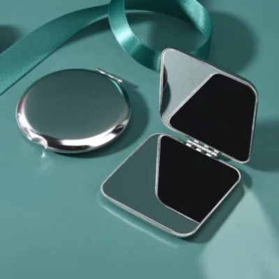 Stainless Steel Portable round Makeup Mirror Small Mirror Metal Female Hand-Held Drop-Resistant Solid Color Ins Square