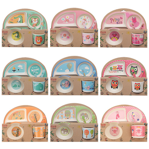 bamboo fiber children‘s tableware grid plate five-piece suit cartoon children‘s bamboo fiber baby bowl gift tableware