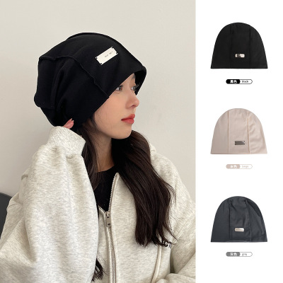 Metal Label Letters Sleeve Cap Women's Autumn New Korean Style Versatile Pile Heap Cap Face-Looking Small Closed Toe Beanie Hat Knitted Hat