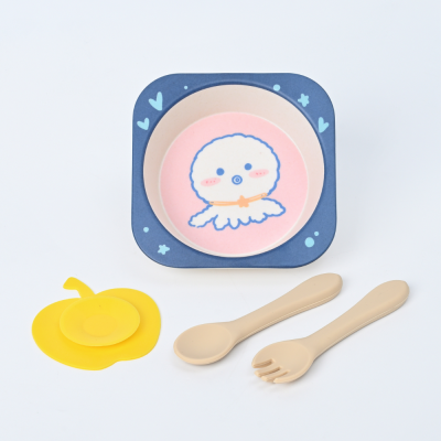 Environmental Protection Bamboo Fiber Silicone Children's Four-Piece Bedding Set Tableware Gift Box Bowl Spork Sucker with Goods Cross-Border Hot