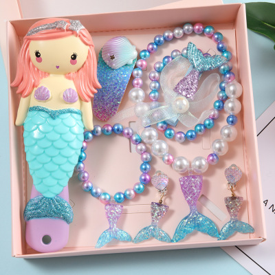 Children's Hair Bow Barrettes Mermaid Princess Headdress Hairpin for Girls Three-Dimensional Comb Set Gift Box