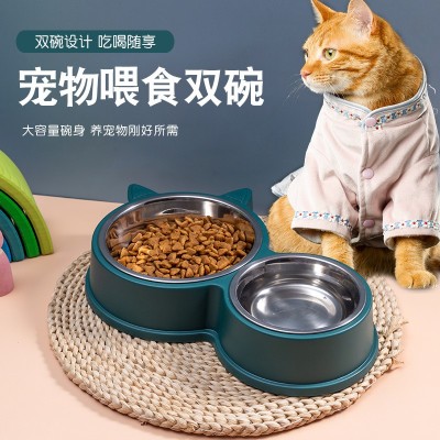 New Pet Double Bowl Feeding Water Bowl One Dog Cat Food Basin Rice Basin Non-Slip Anti-Bottom Knock-Over Pet Supplies