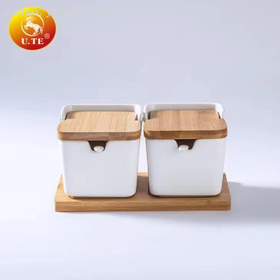 Ceramic Bamboo Lid Seasoning Jar Set