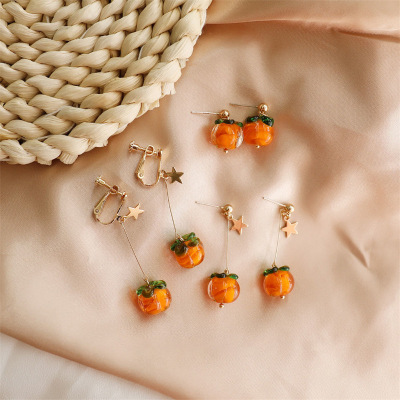 925 Silver Stud Earrings Female Glass Persimmon Earrings Spring and Summer Japanese Girl Orange Colored Glaze Ear Clip