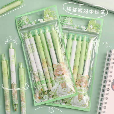 Bagged 6 Matcha Party Press Gel Pen Student St Pen Head Quick-Drying Water-Based Paint Pen Black Signature Pen Office