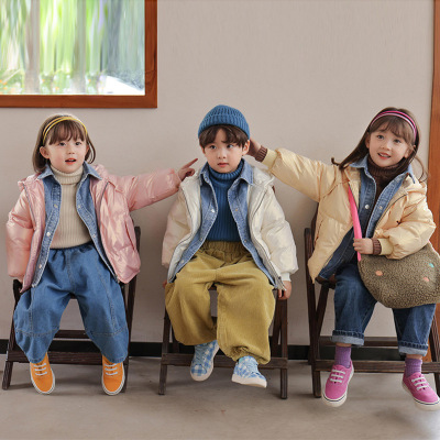 off-Season Children's down Jacket Baby Western Style Boys and Girls Denim Collar Fake Two Pieces White Duck down Coat