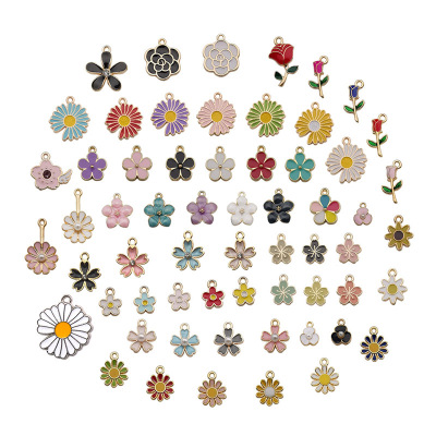 Mixed 60 Flowers Alloy Dripping Oil Pendants Accessories Five Petal Flower Pendant DIY Handmade Jewelry Earring Material