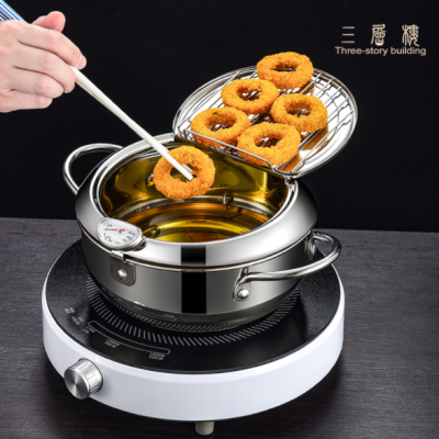 Factory Direct Sales Japanese Style Tempura Stainless Steel Deep Frying Pan Household Thermometer With Lid Non-Stick Pan Stove Universal