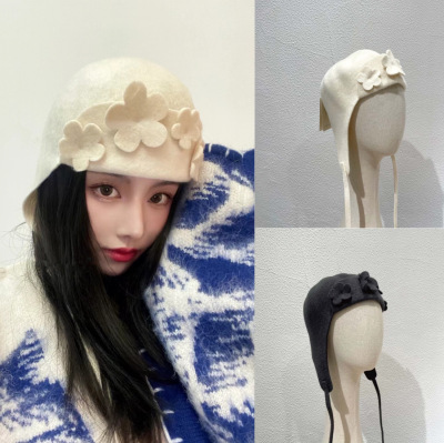 Scha Three-Dimensional Flower Flight Helmet Cute Autumn and Winter Wool Warm Ear Protection Flower Fur Felt Hat Bucket Hat Sweet Niche