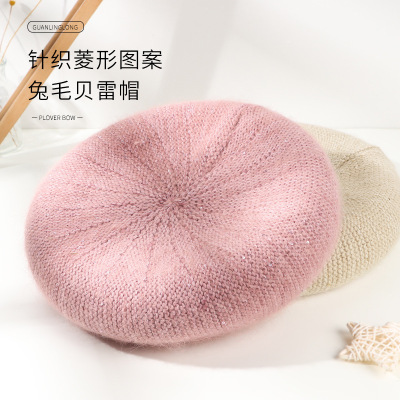 Hat Female Autumn and Winter Korean Style All-Matching Knitted Hat Rabbit Fur Sequins British Vintage Painter Hat Cute Solid Color Beret