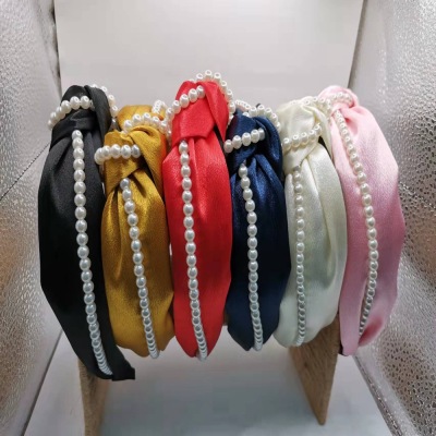 Natural Wide Brim Bright Silk Wrinkle Knotted Hair Hoop New Hand-Woven Pearl Hairpin Women's Headband Factory Wholesale