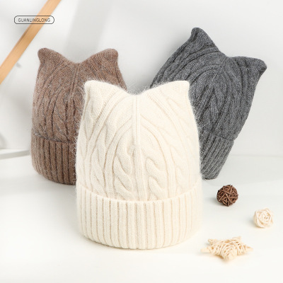 Hat Female Japanese Cute Cat Ears Woolen Cap Autumn and Winter Fashion Warm Straight Cap Winter Soft Girl Knitted Hat Tide