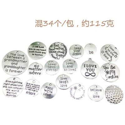 34 PCs Antique Silver Vintage English Letters round Tag Inspirational Letters Tag DIY Ornament Accessories Cross-Border Supply