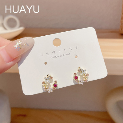 Korean Color Crystal Flowers Stud Earrings Female Sweet Refined Rhinestone Stud Earrings Niche Design Graceful Earrings Summer