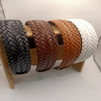 New European and American Retro PU Leather Woven Headband Solid Color Mesh All-Matching Graceful Headband Wide Face Hair Fixer Face Washing Hairpin