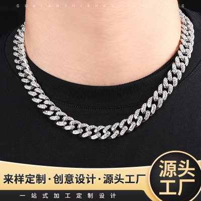 Customized Color-Preserving Electroplating Hip-Hop Hipster Cuban Link Chain Diamond Bracelet 12 Simple Men's and Women's Hiphop Necklace