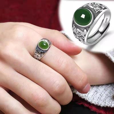Imitation Hetian Jade Green Jade Men's Silver Plated Ring Vintage Emerald Ring Women's Open Mouth Emerald Thumb Ring