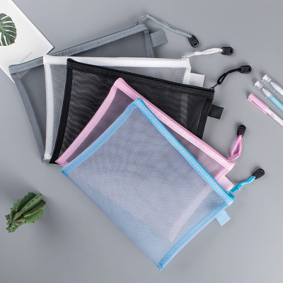 A4a5 Transparent Nylon Mesh File Bag Zipper Test Paper Information Bag Buggy Bag Office Student Pencil Case Subject Bag