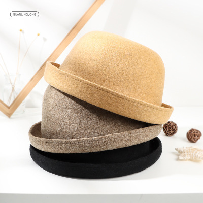 2022 Autumn and Winter New Wool British Wild Dome Billycock Brim-Creased Hat Japanese Woolen Small round Hat in Stock
