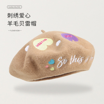 Factory Spot Autumn and Winter Hat Women's Love Embroidered Beret Letter Wool Painter Cap Japanese Leisure Beret