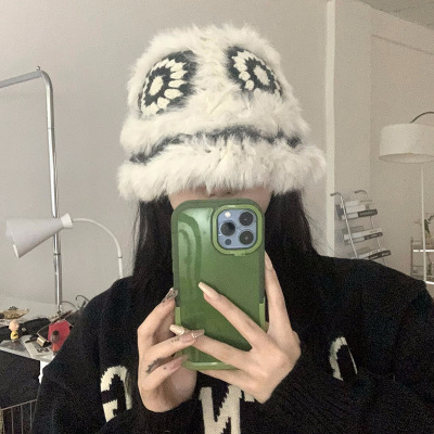 Cute Rabbit Hair Xingshi Hat for Women Autumn and Winter Warm Ear Protection Big Head Circumference Handmade Knitted Face Slimming Personalized Bag Cap