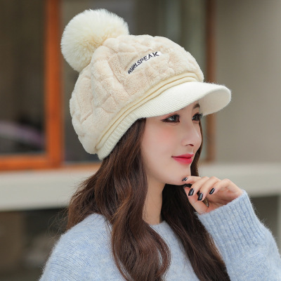 Korean Style Autumn and Winter New Hat Women's Fashion All-Match Plush Warm Peaked Cap Cute Fur Ball Cold-Proof Earmuffs Hat Thick