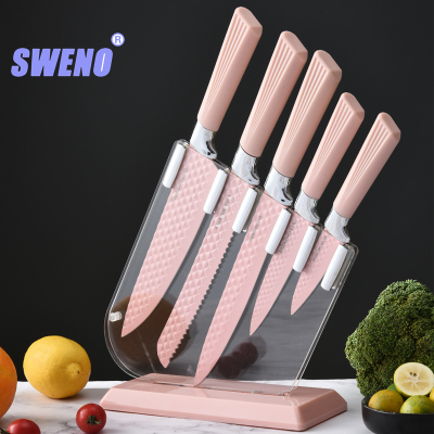 [New Products in Stock] Diamond Pattern Kitchen Set Knives 6-Piece Non-Stick Knives with New Removable Knife Holder