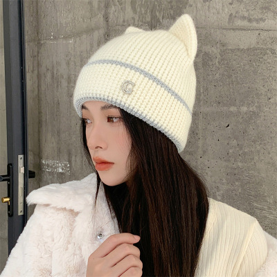 Autumn and Winter Cute Girl Woolen Cap Internet Celebrity Fried Street Hat Cat Ear Earflaps Warm Knitted Hat Baotou Confinement Cap