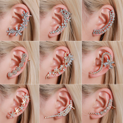 European and American Earrings Temperament and Fully-Jewelled Butterfly Flower Single Crystal Ear Clip Hipster Catwalk Nightclub Ear Studs Ear Hanging