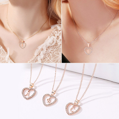 European and American Style Simple Rhinestone Necklace 26 English Letters Love Heart Clavicle Chain Summer Hot Selling Ladies Necklace