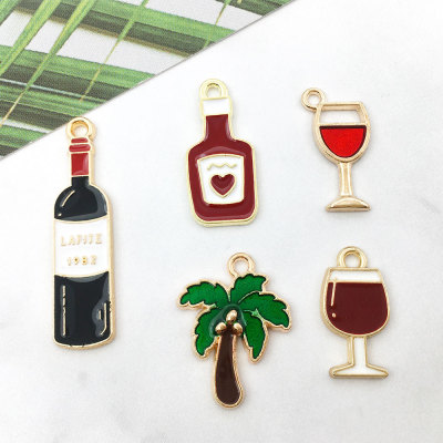 Alloy Dripping Oil Red Wine Bottle Red Wine Glass Coconut Tree Small Pendant Earrings Necklace Creative DIY Ornament Accessory Material Package