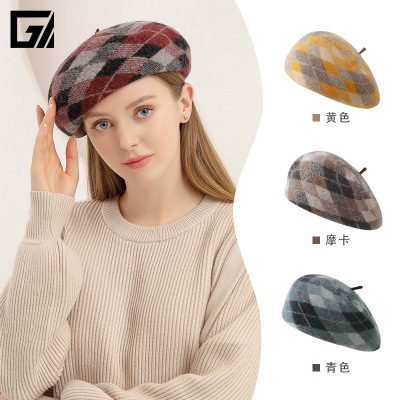 Autumn and Winter Women Beret Rhombus Pure Wool Beret British Retro Fashion Cap Jacquard Plaid Warm Painter Cap