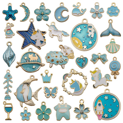 31 Sets of Dripping Oil Alloy Pendant Lake Blue Unicorn Series Earrings Necklace Ornament DIY Bracelet Accessories