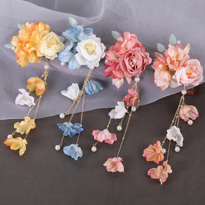 Embroidered Barrettes Female Ancient Style Flower Side Clip Ancient Costume Decoration Children Headwear Tassel Hairpin