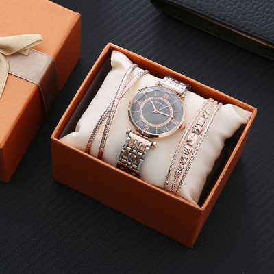 Creative 3-Piece Set Gift Box Quartz Watch Roman Scale Diamond-Embedded Women's Watch Alloy Bracelet Gift Delivery