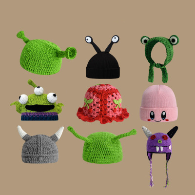 Ruoyousame Hat Green Monster Shrek Cartoon Funny Cute Strawberry Headgear Knitted Woolen Cap Winter