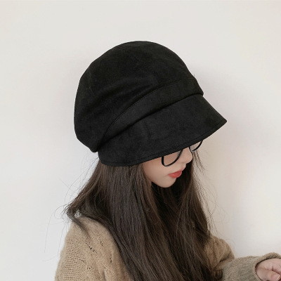 Hat Women's Autumn and Winter Suede Net Red Black Beret Japanese Style Pile Style Painter Cap Big Head Circumference Retro Eight