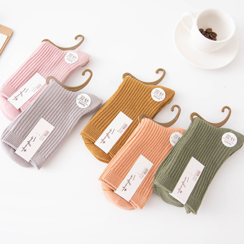zhuji socks ladies double needle thin strip candy color trendy mid-calf cotton socks autumn and winter thickened warm stockings wholesale