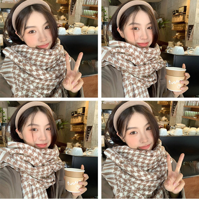 Factory Direct Supply Winter Warm Couple Knitted Plaid Scarf Korean Style All-Matching Tassel Contrast Color Houndstooth Scarf for Women