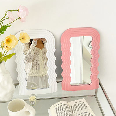 Irregular Shaped Simple Desktop Mirror Ins Style Glass Dressing Bathroom Hanging Mirror Household Wave Pattern Cosmetic Mirror