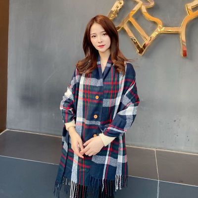 Korean New Cashmere Button Women's Cloak Shawl Korean Autumn and Winter Dual-Use Thickened Tassel Plaid Scarf