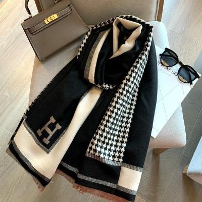 Internet Celebrity Houndstooth Double-Sided Cashmere Scarf Shawl Female Winter All-Matching Talma Korean Style H Letter Scarf Warm