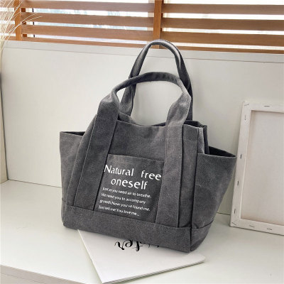 Cross-Border Women's Bag 2022 New Casual Fashion Fresh Letters Hand-Carrying Big Bag Canvas Mori Style Artistic Shoulder Bag