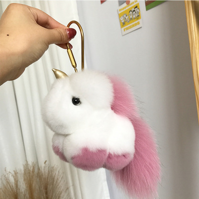 Rex Rabbit Fur Unicorn Key Pendants Fur Bag Pendant Cute Plush Doll White Pony Keychain for Women