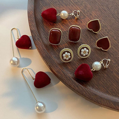 New Red Earrings Trending Unique Fashion Joyous Earrings Pearl Heart-Shaped Ear Clip Chinese Style Elegant Ear Studs