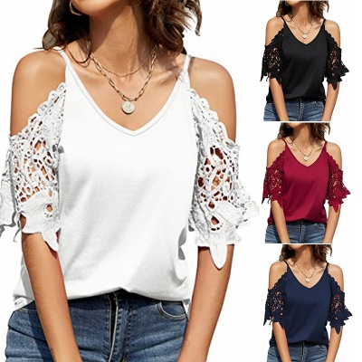 Foreign Trade Cross-Border Women's Clothing Hot Products Lace Sleeve V-neck Solid Color Foreign Trade Sling Loose-Fitting Casual T-shirt Women
